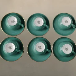 Pamono Vintage Coffee Cups in Turquoise Green Porcelain with Gold Detailing from Mitterteich Bavaria, 1950s, Set of 12><noscript><img width=