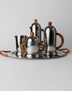 Pamono Vintage Coffee Service in Stainless Steel with Brown Details from Inoxpran, Italy, 1980s, Set of 5><noscript><img width=
