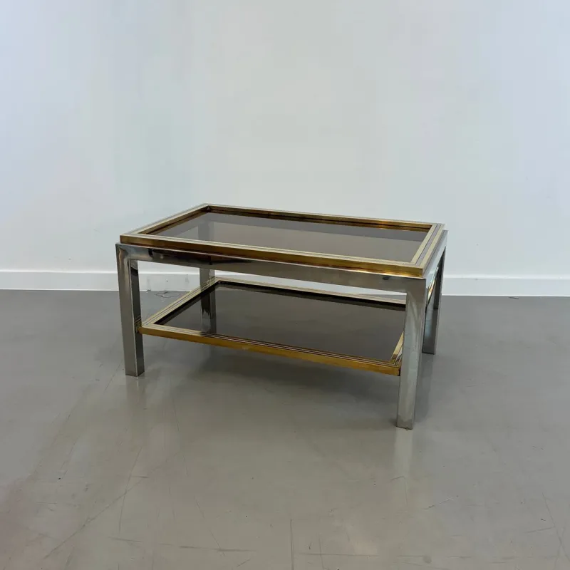 Pamono Vintage Coffee Table in Brass and Smoked Glass, 1970s> Coffee & Side Tables