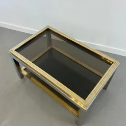 Pamono Vintage Coffee Table in Brass and Smoked Glass, 1970s> Coffee & Side Tables