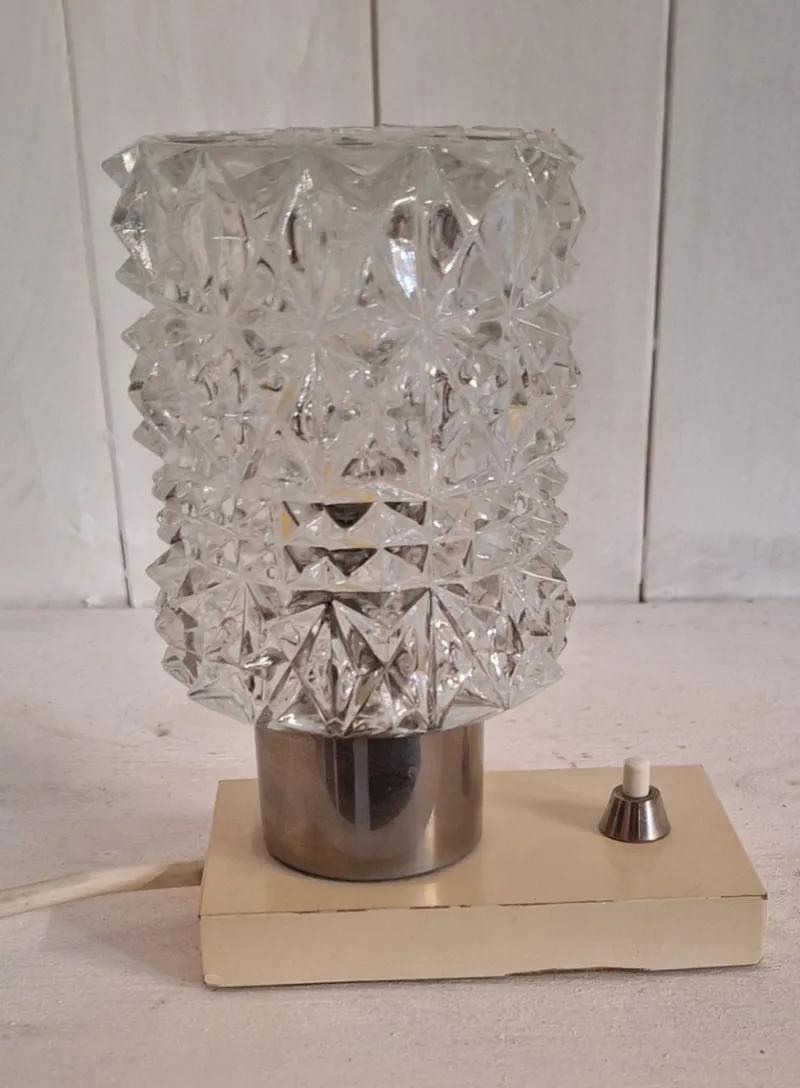 Clearance Pamono Vintage Cream Bedside Lamp with Chrome-Plated Metal Fitting and Clear Relief Glass Shade from Hillebrand-Leuchten, 1970s