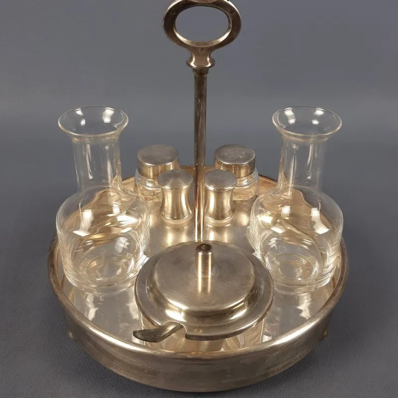 Pamono Vintage Crystal and Silver-Plated Metal Oil and Vinegar with Salt and Pepper Set, 1970s, Set of 5> Dinnerware Accessories