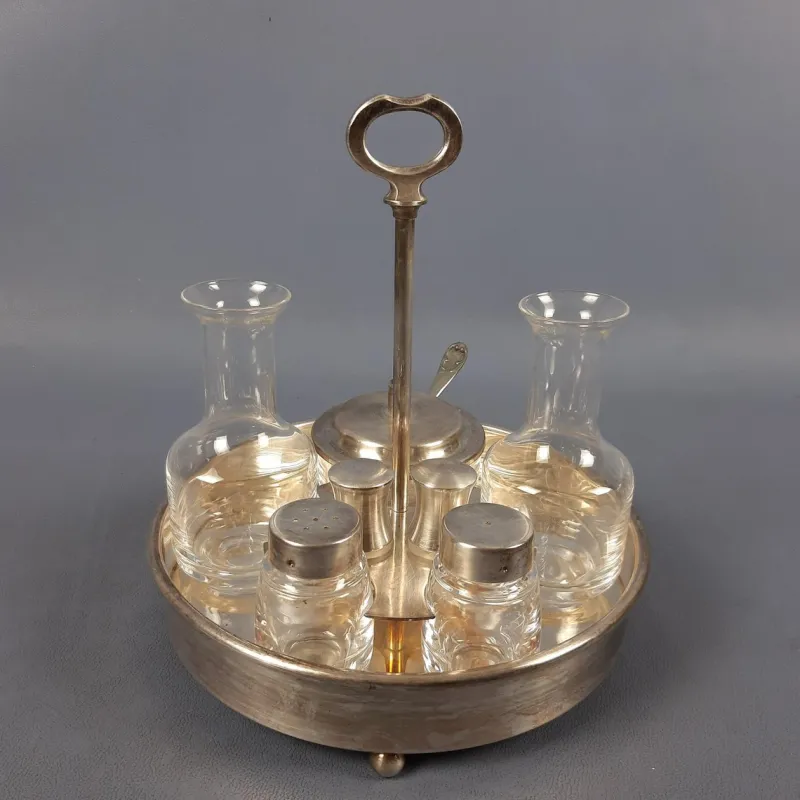 Pamono Vintage Crystal and Silver-Plated Metal Oil and Vinegar with Salt and Pepper Set, 1970s, Set of 5> Dinnerware Accessories