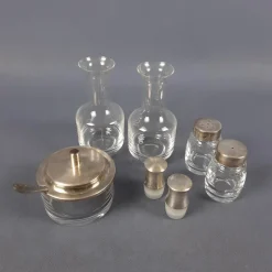 Pamono Vintage Crystal and Silver-Plated Metal Oil and Vinegar with Salt and Pepper Set, 1970s, Set of 5><noscript><img width=