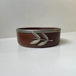Best Pamono Vintage Danish Teak Bowl with Pewter Flowers, 1960s