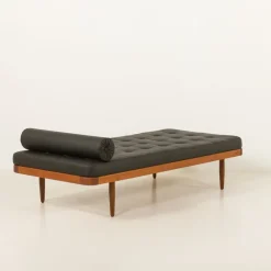 Pamono Vintage Danish Teak Daybed in Black Leather, 1960s><noscript><img width=
