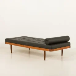 Pamono Vintage Danish Teak Daybed in Black Leather, 1960s><noscript><img width=