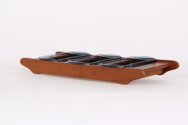 Pamono Vintage Danish Teak Tray with Glass Bowls, Set of 4> Trays