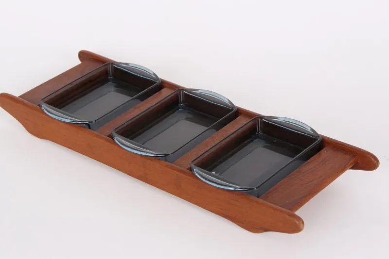 Pamono Vintage Danish Teak Tray with Glass Bowls, Set of 4> Trays