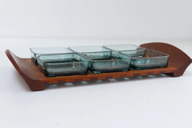 Clearance Pamono Vintage Danish Teak Tray with Glass Bowls from Jens Harald Quistgaard, 1960s, Set of 7