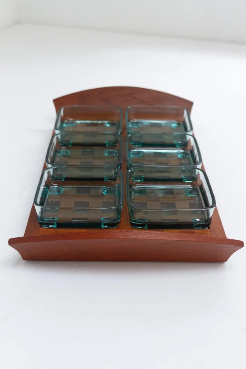Clearance Pamono Vintage Danish Teak Tray with Glass Bowls from Jens Harald Quistgaard, 1960s, Set of 7