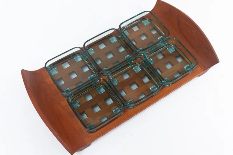 Clearance Pamono Vintage Danish Teak Tray with Glass Bowls from Jens Harald Quistgaard, 1960s, Set of 7