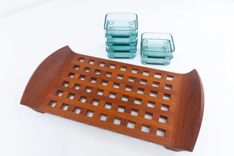 Clearance Pamono Vintage Danish Teak Tray with Glass Bowls from Jens Harald Quistgaard, 1960s, Set of 7