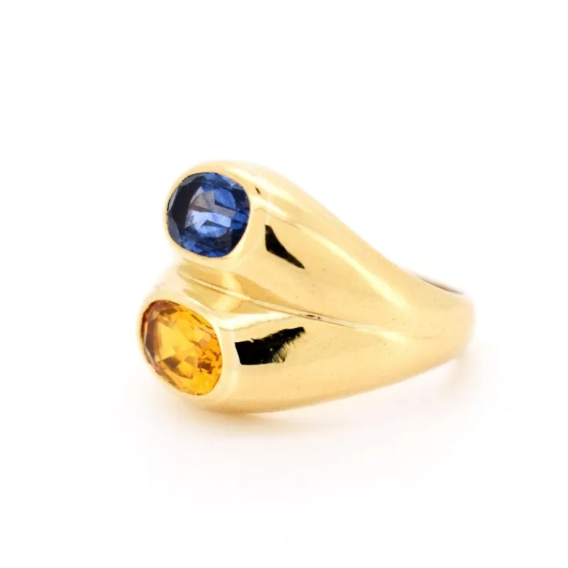 Pamono Vintage Double Band Ring in 18K Gold with Yellow and Blue Sapphire, 1980s> Rings