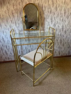 Pamono Vintage Dressing Table and Stool in Brass, 1950s, Set of 2><noscript><img width=