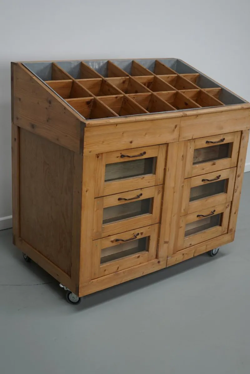 Pamono Vintage Dutch Pine Haberdashery Shop Cabinet with Glass Fronts> Cabinets & Wardrobes