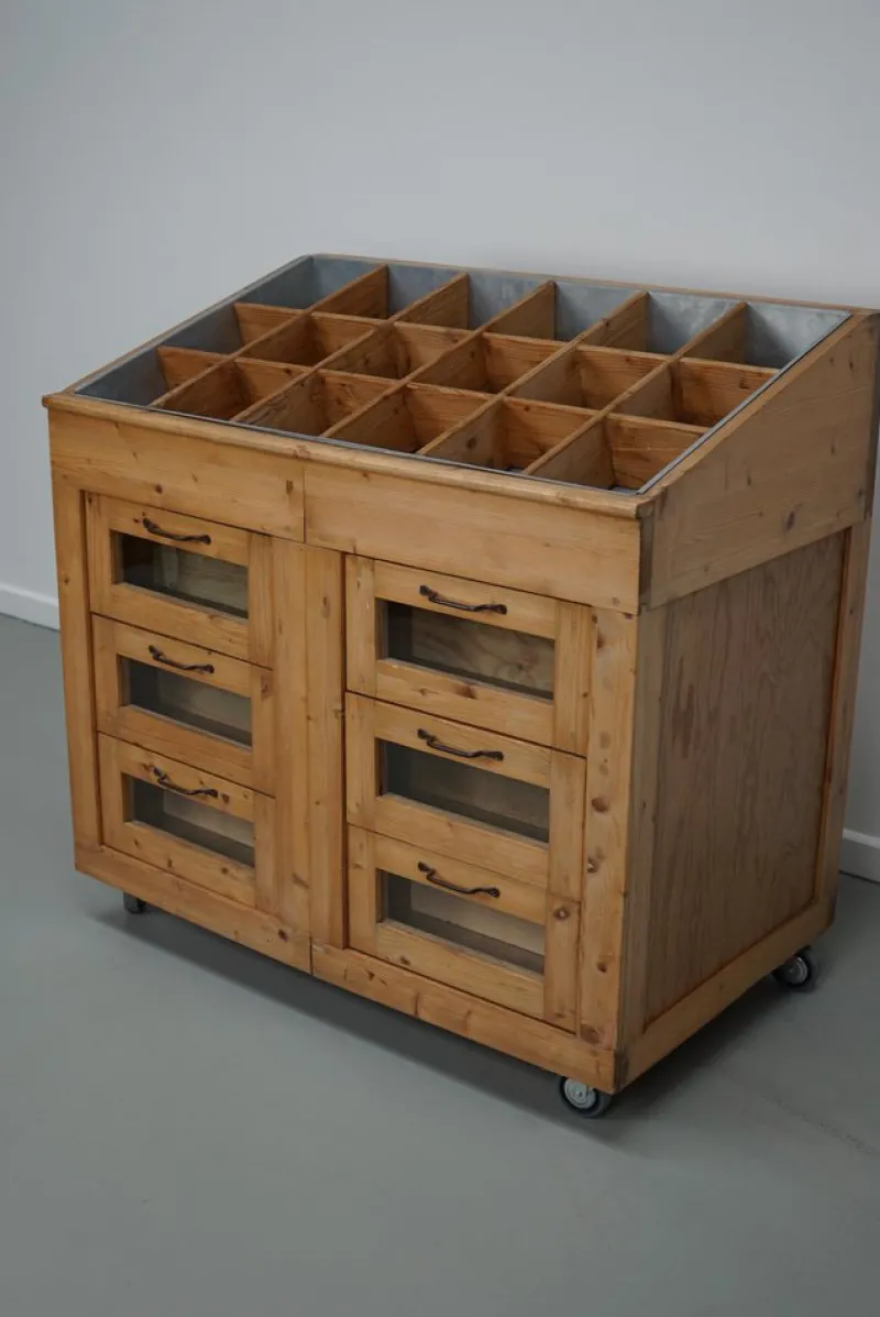 Pamono Vintage Dutch Pine Haberdashery Shop Cabinet with Glass Fronts> Cabinets & Wardrobes