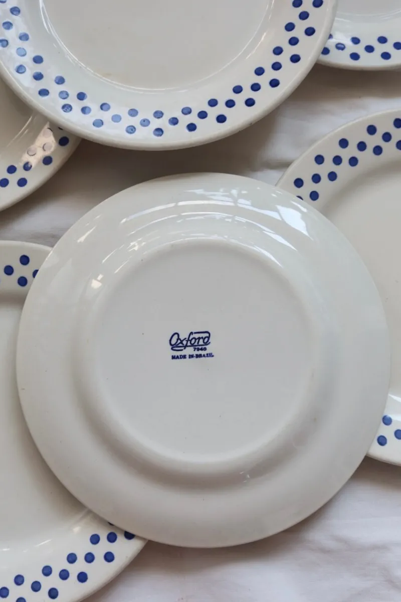 Pamono Vintage Earthenware Dessert Plates with Blue Polka Dot Pattern from Oxford, 1990s, Set of 6> Dinner Plates & Bowls