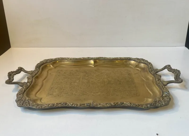 Pamono Vintage Egyptian Serving Tray in Engraved Brass, 1950s> Trays