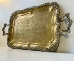 Pamono Vintage Egyptian Serving Tray in Engraved Brass, 1950s><noscript><img width=