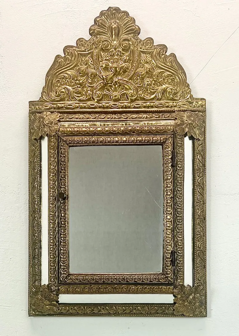 Best Pamono Vintage Embossed Brass Mirror Cabinet, 1950s