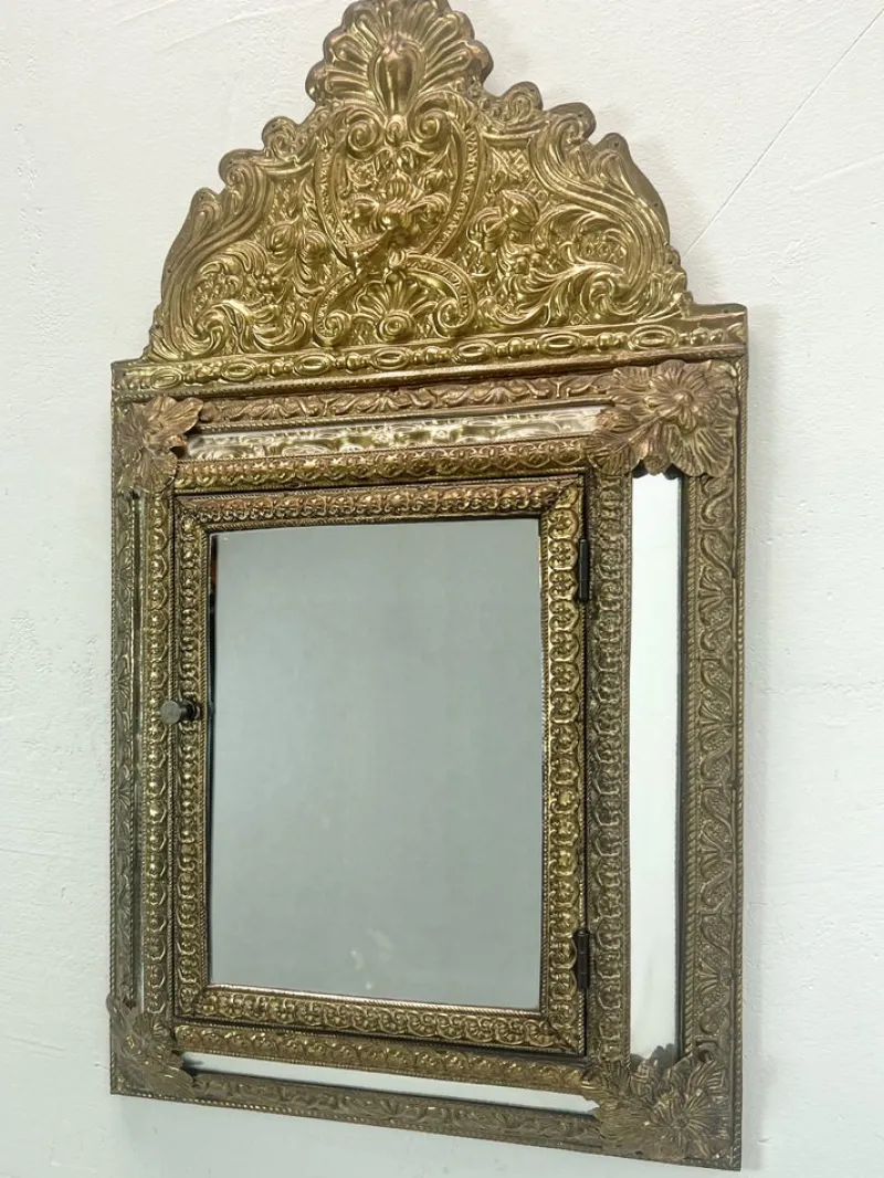Best Pamono Vintage Embossed Brass Mirror Cabinet, 1950s