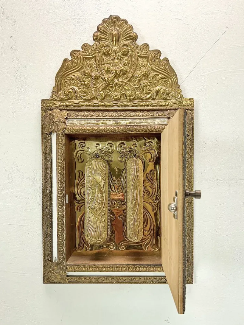 Best Pamono Vintage Embossed Brass Mirror Cabinet, 1950s