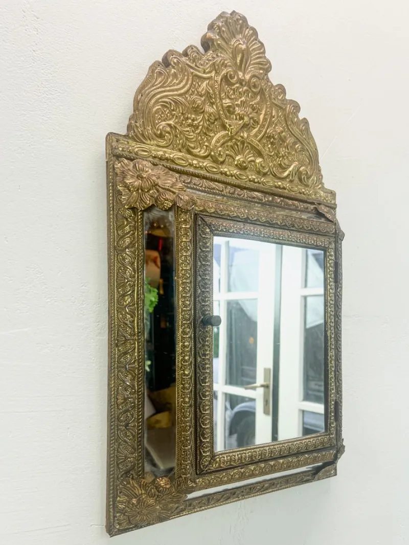 Best Pamono Vintage Embossed Brass Mirror Cabinet, 1950s