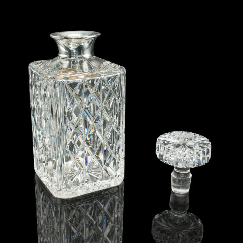 Pamono Vintage English Silver Collared Crystal Spirit Decanter, 1969> Bottles, Carafes & Jugs