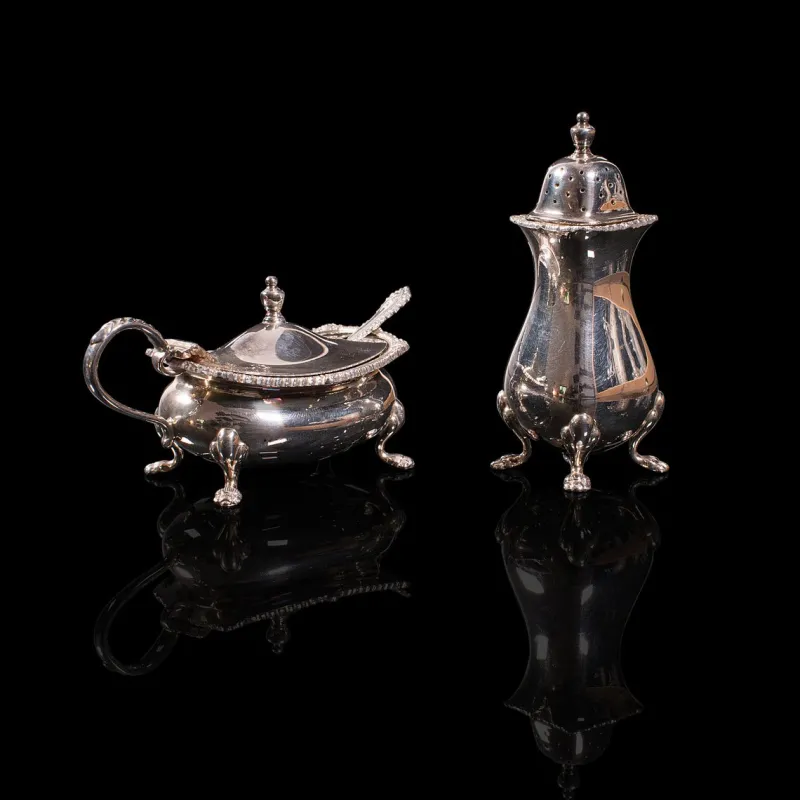 Best Pamono Vintage English Silver-Plated Mustard Pot & Pepperette, Mid-20th Century, Set of 2