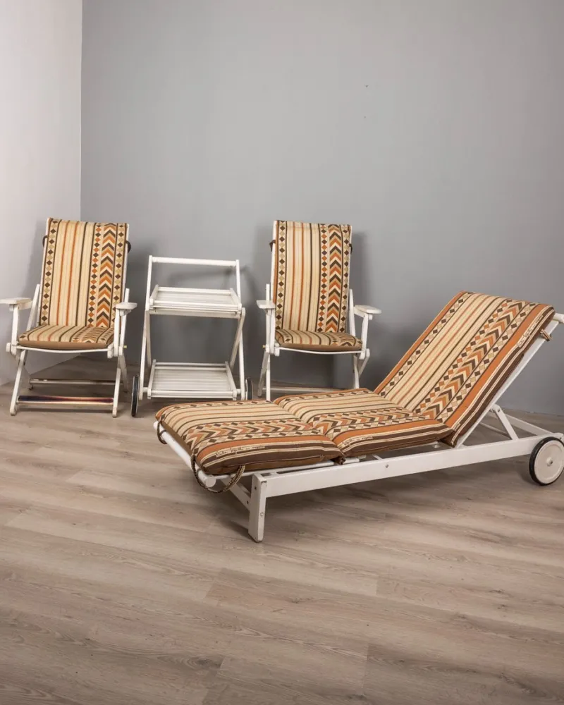 Pamono Vintage Fabric Deck Chairs and Trolley by Clara Agnelli Per Reguitti for Fratelli Reguitti, 1970s, Set of 4> Garden Seating