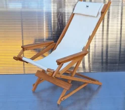 Pamono Vintage Foldable Deckchair in Light Mango Wood with Linen Cover from Camel, 1980s><noscript><img width=