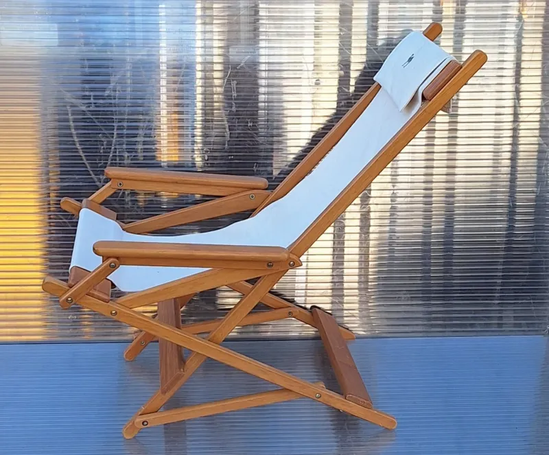 Pamono Vintage Foldable Deckchair in Light Mango Wood with Linen Cover from Camel, 1980s> Garden Lighting