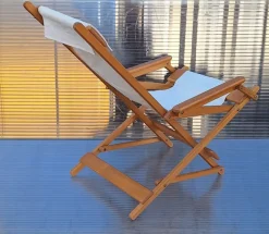 Pamono Vintage Foldable Deckchair in Light Mango Wood with Linen Cover from Camel, 1980s><noscript><img width=
