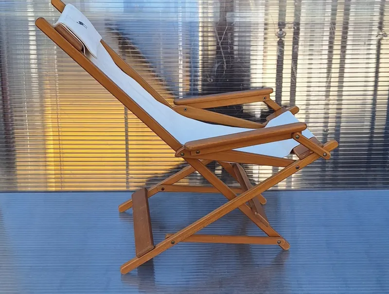 Pamono Vintage Foldable Deckchair in Light Mango Wood with Linen Cover from Camel, 1980s> Garden Lighting