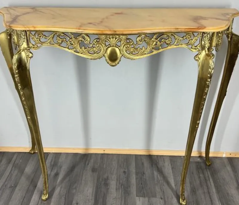 Pamono Vintage French Brass Console Table with Marble Top and Mirror, Set of 2> Console Tables