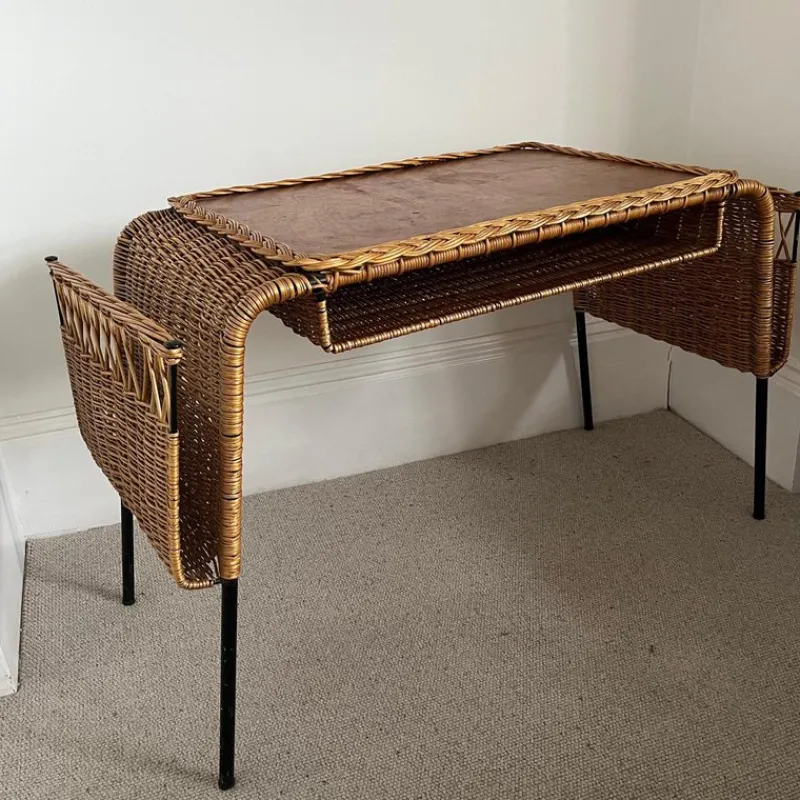 Pamono Vintage French Cane and Black Wrought Iron Desk with Storage Baskets, 1960s> Desks