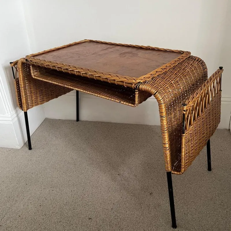 Pamono Vintage French Cane and Black Wrought Iron Desk with Storage Baskets, 1960s> Desks