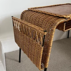 Pamono Vintage French Cane and Black Wrought Iron Desk with Storage Baskets, 1960s><noscript><img width=