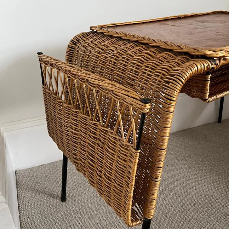 Pamono Vintage French Cane and Black Wrought Iron Desk with Storage Baskets, 1960s> Desks