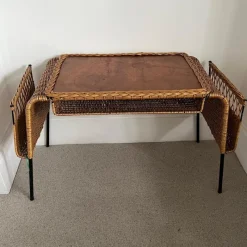 Pamono Vintage French Cane and Black Wrought Iron Desk with Storage Baskets, 1960s><noscript><img width=