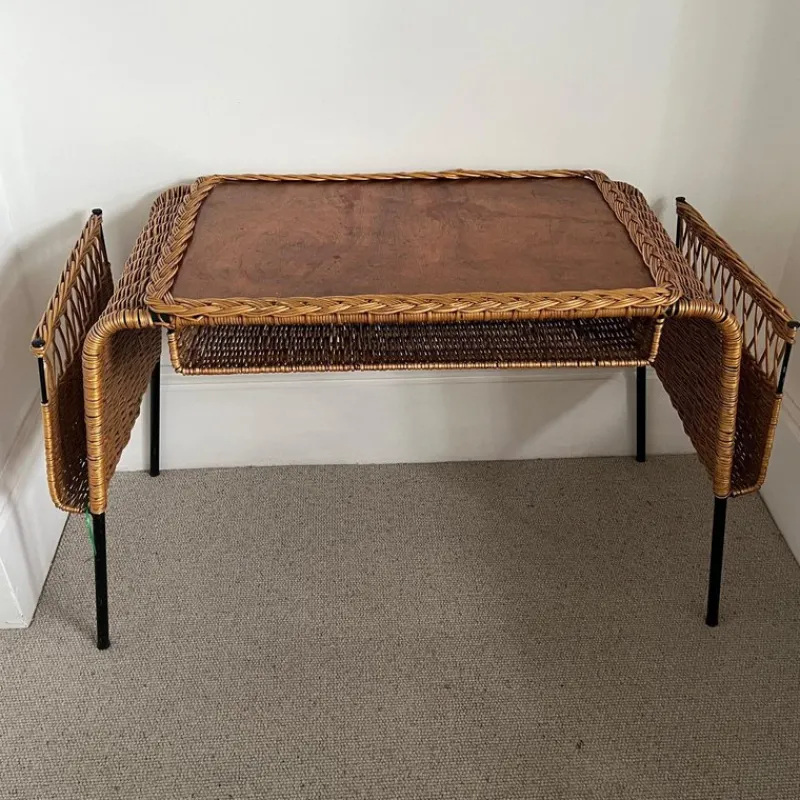 Pamono Vintage French Cane and Black Wrought Iron Desk with Storage Baskets, 1960s> Desks