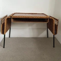 Pamono Vintage French Cane and Black Wrought Iron Desk with Storage Baskets, 1960s><noscript><img width=