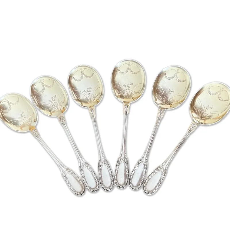 Pamono Vintage French Ice Cream Spoon in Sterling Silver and Chiseled Vermeil, 1920s, Set of 6> Cutlery & Serving Utensils