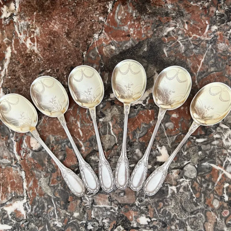 Pamono Vintage French Ice Cream Spoon in Sterling Silver and Chiseled Vermeil, 1920s, Set of 6> Cutlery & Serving Utensils