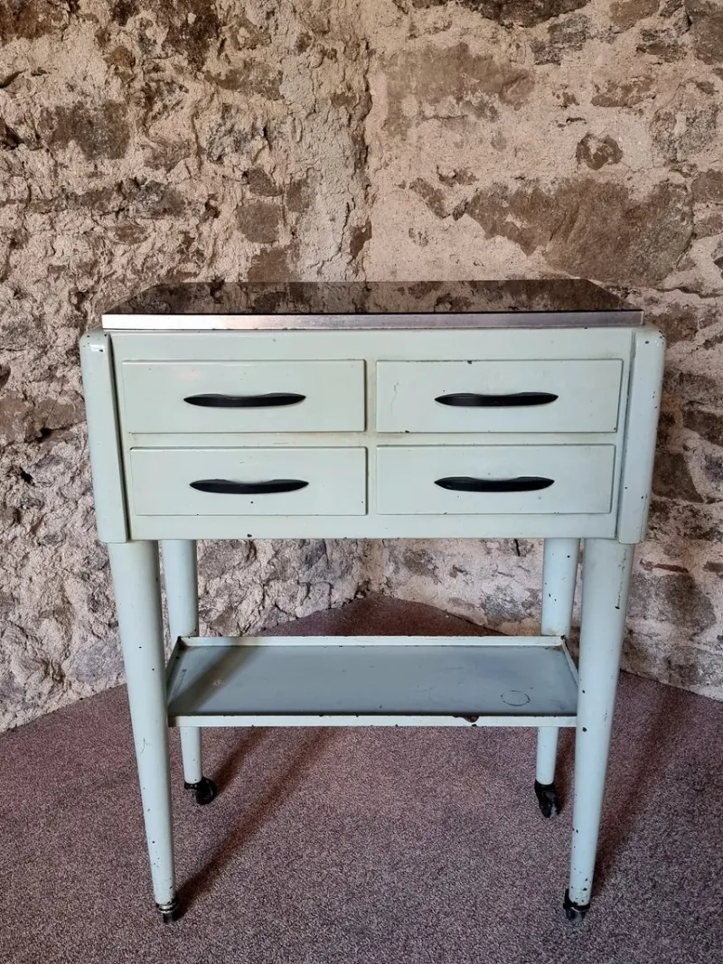Pamono Vintage French Medical Instrument Table Metal Cabinet with Glass Top, 1960s> Worktables & Workbenches