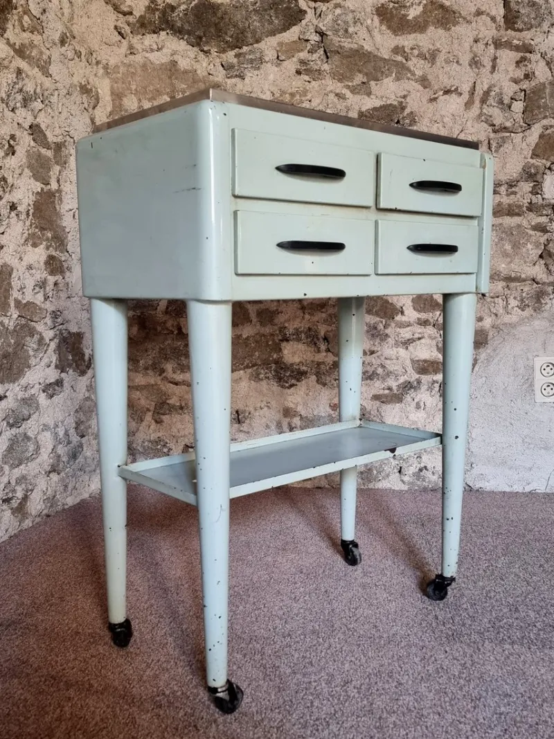 Pamono Vintage French Medical Instrument Table Metal Cabinet with Glass Top, 1960s> Worktables & Workbenches