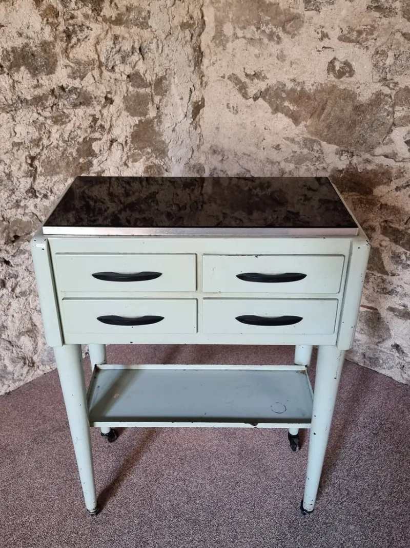 Pamono Vintage French Medical Instrument Table Metal Cabinet with Glass Top, 1960s> Worktables & Workbenches