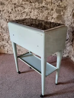 Pamono Vintage French Medical Instrument Table Metal Cabinet with Glass Top, 1960s><noscript><img width=