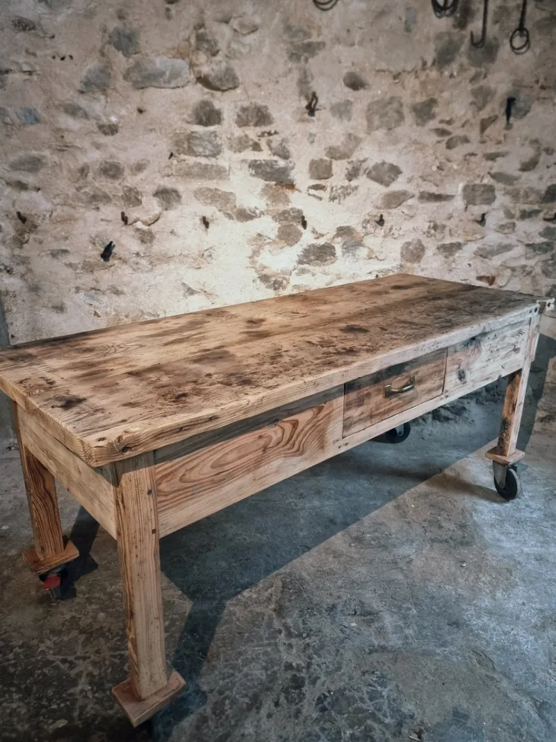 Pamono Vintage French Pine Work Table with Drawer and Castors, 1930s> Worktables & Workbenches